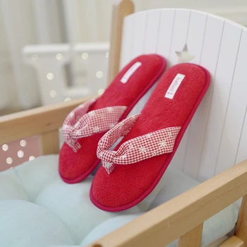 Slatki crveni luk-knotHome papuče ženske cipele prozračna pamučna ljeto jednostavan spavaća soba нескользящие podne papuče, japanke žene