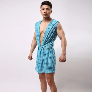 2017 moda vruće muškarci haljine haljinu marke Seksi Fishnet See Inner muškarci duge haljine pidžama mreže majica Sleep Lounge veličine S M L