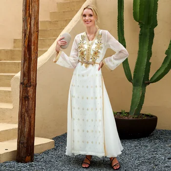 Siskakia light luksuzna Zlatna traka čipke kristalne perle duga haljina bijela V izrez s dugim rukavima Dubai Abaja Maroko Turkry Arapski haljine