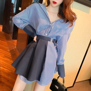 2020 proljeće ljeto moda žene koreanska verzija retro čipkan haljina + šivanje prugasta košulja kompleta od 2 komada
