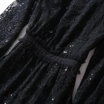 AELESEEN jesen moda crna večernja haljina žene Раффлед elegantan čipka cvijet vez šljokicama dame odmor трапециевидное haljina