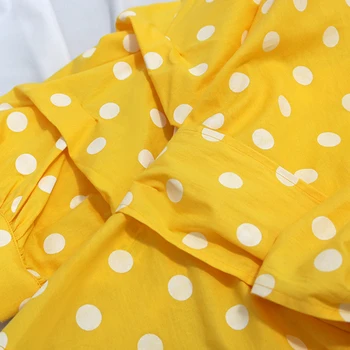 Pamuk pojasevi sprijeda kravata i leptir žute boje s bijelim po cijeloj površini grašak bujne rukavima bluze za žene plus veličina 3XL 2021 ljetne majice