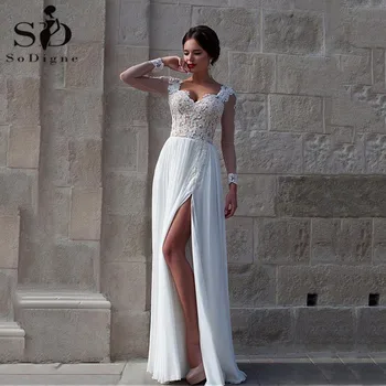 Elegantan šifon ljuska vjenčanica 2020 V-izrez s dugim rukavima Split suknja Princeza čipka aplicirano plaža vjenčanica