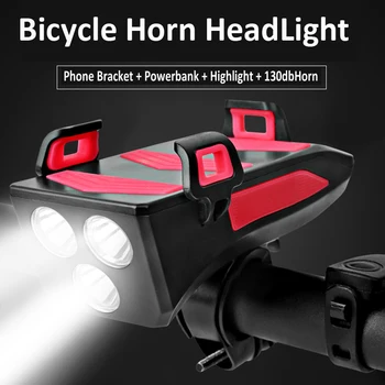 Višenamjenski 4-u-1 bicikl je svjetlo USB punjenje LED bicikl svjetla bicikl Rog Držač telefona Powerbank Biciklizam svjetlo svjetlo volan