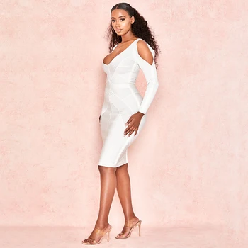 BEAUKEY New White banding Dress Long Sleeve Hollow Out 2019 Seksi Women V izrez geometrijski večernje haljine plus size XL na veliko