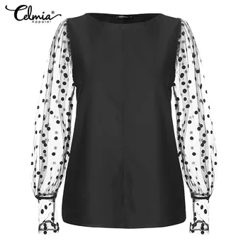 Celmia Women Vintage Blouses See-through Seksi Polka Dot Summer Tops Casual Long Sleeve Elegant Office Shirts Plus Size Blusas 7