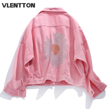 2020 Proljeće moda ružičasta ljubičasta cvjetni zakovice traperice jakne žene korejski BF svakodnevni slobodni traper kaput vrhovima ženski Kauboj sakoi