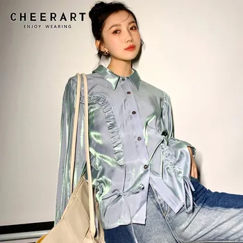 CHEERART polarized light 2021 moda žene satin majice i bluze ukrašen dugi rukav gumb gore košulja slojevita rukava moda top