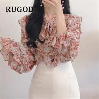 RUGOD cvjetni šifon bluza ženska bluza s dugim rukavima elegantan top korejski moda i odijevanje Žena košulje fenjer rukavima košulje