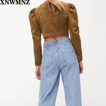 XNWMNZ Za žene 2020 moda samt crop top Vintage female šik vrat dugi rukav, metalna gumba bluze šik vrhovima