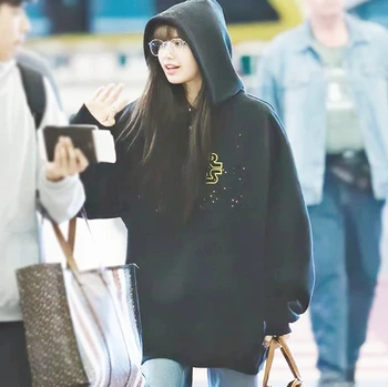 Korejski slavna crna s буквенным po cijeloj površini veste s kapuljačom žene slobodne hoodies dugi rukav ulica odjeća svakodnevne pulover odijevanje