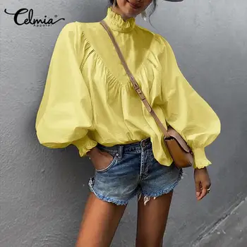 2021 moda fenjer rukava ženska bluza Celmia High Collor držači košulje svakodnevne slobodne nabrane radnici Blusas 5XL plus size top Mujer