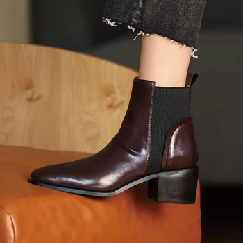 Prirodna koža Ženske čizme kvadratnom čarapa debele visoke pete ženske pumpe nove stranke svakodnevni osnovna obuća žena