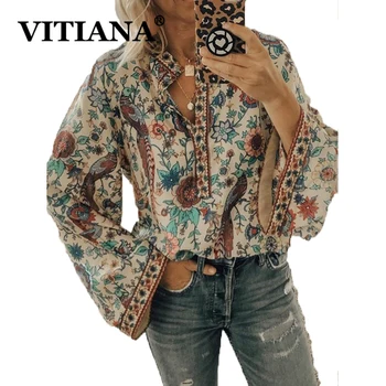 VITIANA Vintage Blouse Women 2019 Jesen Ljeto print gumbe slobodne ženske majice dugih rukava i bluza Ženska odjeća plus size