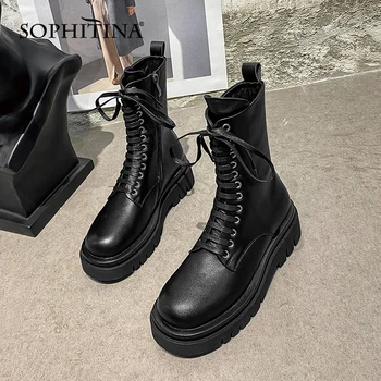 SOPHITINA New Women 's Shoes Casual Lace-Up Round Toe Thick Bottom Flat With Non-slip Shoes Office Mid-Calf Women' s Boots SO770