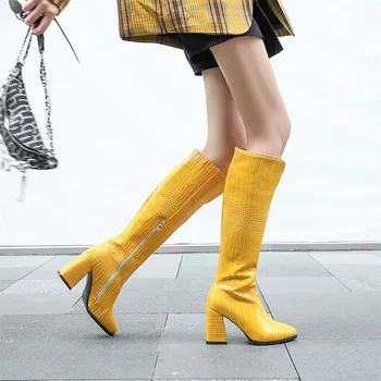 ANNYMOLI Ženske čizme na visoku petu nabijen petu čizme do koljena Oštar čarapa duge čizme munja Ženska obuća jesen zima žuta veličina 43