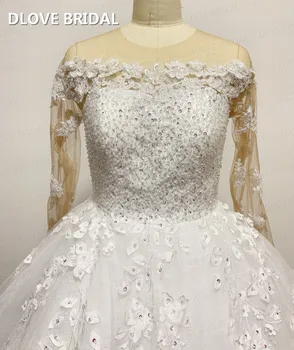 Iluzija dugi rukav loptu haljina svadben haljina 3D cvjetni čipka aplicirano vjenčanicu visoke kvalitete po mjeri haljina pravi fotografije