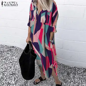 Plus size fashion tiskanih midi haljina ženski jesen сарафан ZANZEA 2021 svakodnevni gumb geometrija duge Vestidos ženski ogrtač rever