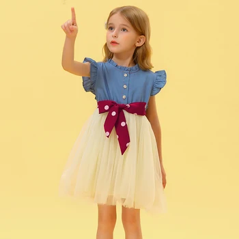On Bok uživajte dijete djevojke ljetne haljine 2020 leteći rukava traper luk Princeza vjenčanicu Dječja odjeća Dječja odjeća