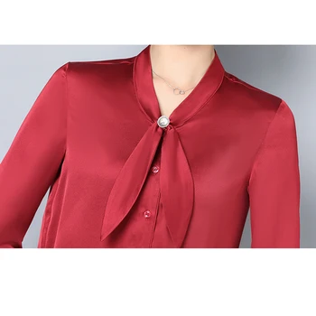 Moda 7 Boja Ured Lady Košulja Dugih Rukava Žene Luk Bluza 2021 Jesen Svila Čvrste Plus Size Gumb Kardigan Vrhovima 10854