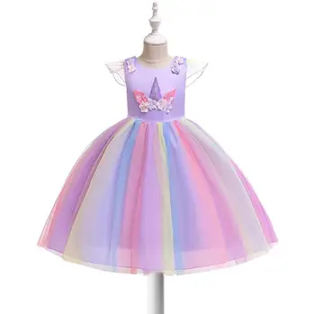 Dječja odjeća za djevojčice ljeto Fly rukava haljina je slatka Jednorog vezeni djeca šarene A-line haljina princeze