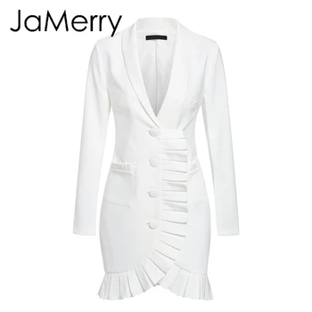 JaMerry Vintage seksi žene blazer dress Elegant signal breasted white office work wear dress Party style džepove mini haljine