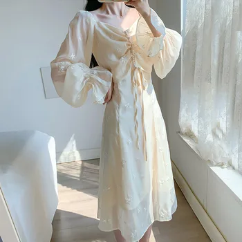Korejski klasicni blagi donje dugo Flare haljina s dugim rukavima vez haljina bijela kvadratnom ovratnik Visoki Struk haljina srednje dužine 12912