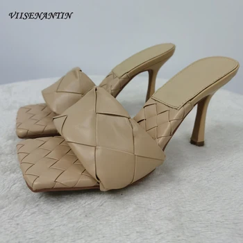 Criss-cross kožne papuče tkani otvorenim vrhom visoke pete mule 2021 topla moda skliznuti na seksualni tanka peta štikli Sapatos ljeto