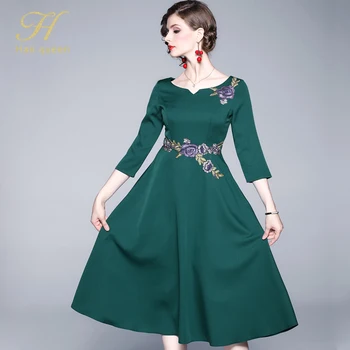 H han queen New Embroidery Vintage Dresses Women Slim a-line Wear To Work Fashion Mid-calf Office Business Dress Party Vestidos