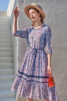 Svila ženske haljine piste O vrat 3/4 rukavima cjevovoda čipke patchwork tiskanih moda svakodnevne ljetne haljine