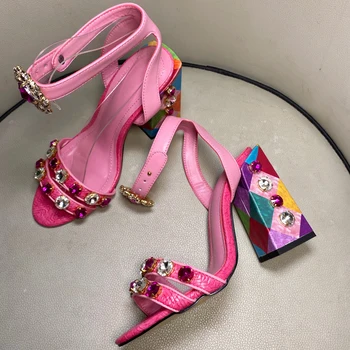 Pink Lady ljetne sandale cipele dragulj gležanj remen nabijen visoku petu sandale klasicni šarene pete Crystal lijepe cipele