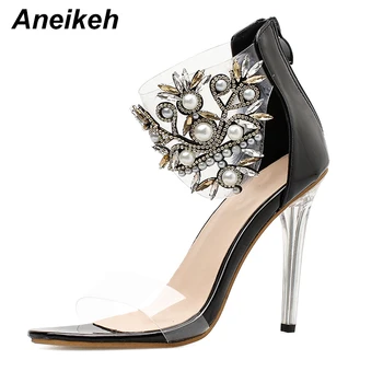 Aneikeh 2020 PU Pattern visoke štikle i sandale i ljetne prozirne PVC cvijet Ženske sandale Rim munja Femme pumpe sandale crna