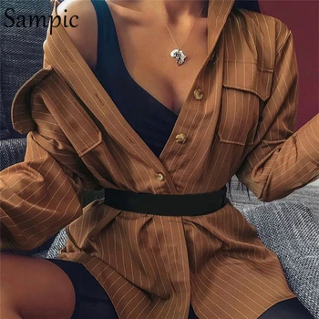 Sampic Woman Office Brown Svakodnevni Slobodna Bluzu S Dugim Rukavima Košulja Na Pruge Elegantan Moderan Ovratnik Plus Size Bluze
