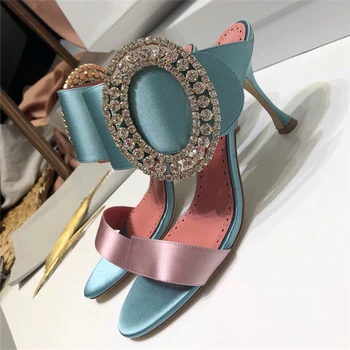 Crystal elipsoidni buckle mogućnost cipele žena luksuzni satin jedan remen tanke visoke štikle Seksi Open Toe vještački dijamant žene papuče