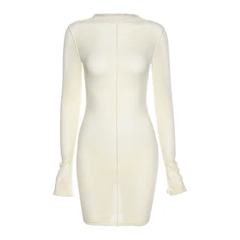 Julissa Mo Mesh See Through Mini Dress For Women 2021 Proljeće Dugi Rukav O Izrez Haljine Klupska Seksi Odjeća White Vestidos New