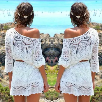 Seksi Off Shoulder Crochet Hollow Dress Women Summer 2019 Long Sleeve White Mini Party Dresses Ženska Odjeća